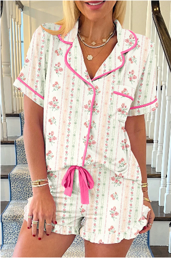 Hot Pink Ruffle Hem Shorts Pajama Set