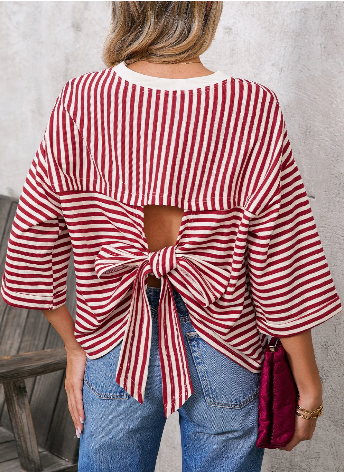 Red Striped Bowknot Backless T-Shirt